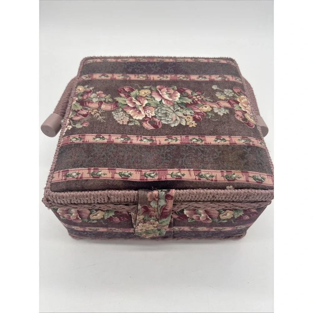 Floral Wicker Sewing Basket Box Vintage Granny Chic Pin Cushion Box